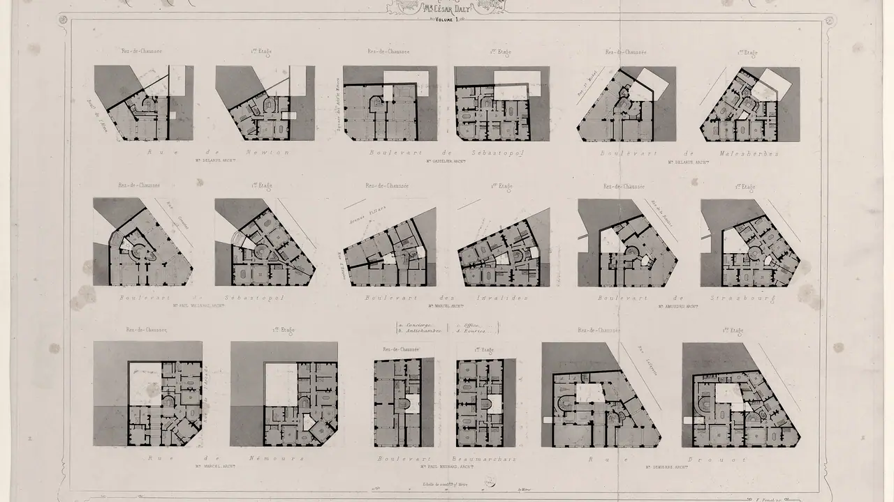 Planche gravée de maisons à loyer parisiennes : trois rangées de plans, rez-de-chaussée et premier étage côte à côte, avec sous chaque paire le nom de la rue ou du boulevard.