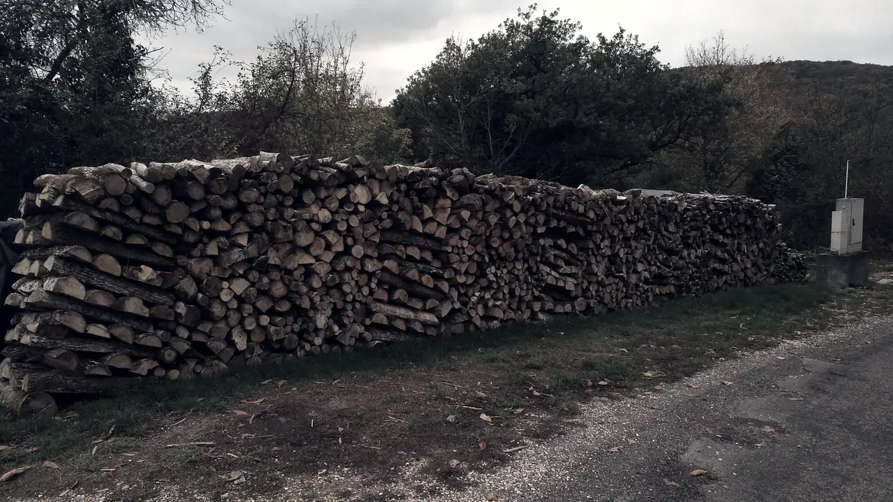 Longue réserve de bois de chauffage empilée en bûches au bord d'un chemin de gravier, sous des arbres et une colline boisée, par un jour gris.