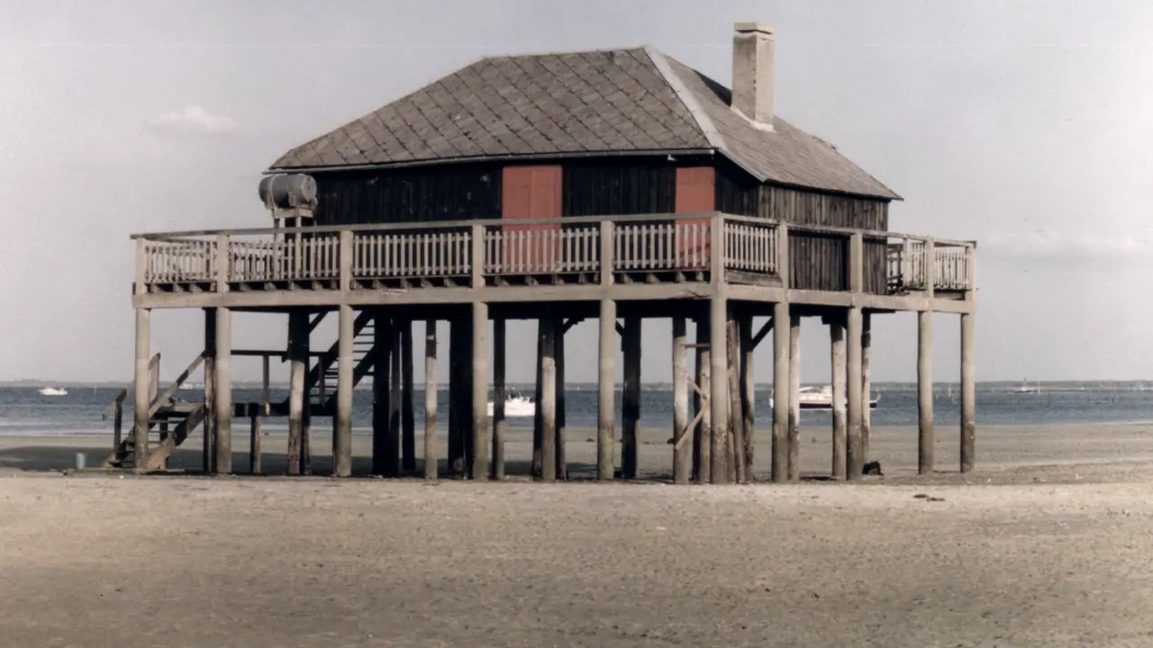 Cabane de bois sur pilotis plantée dans le sable du bassin d'Arcachon à marée basse, avec sa galerie à balustres et ses volets clos.