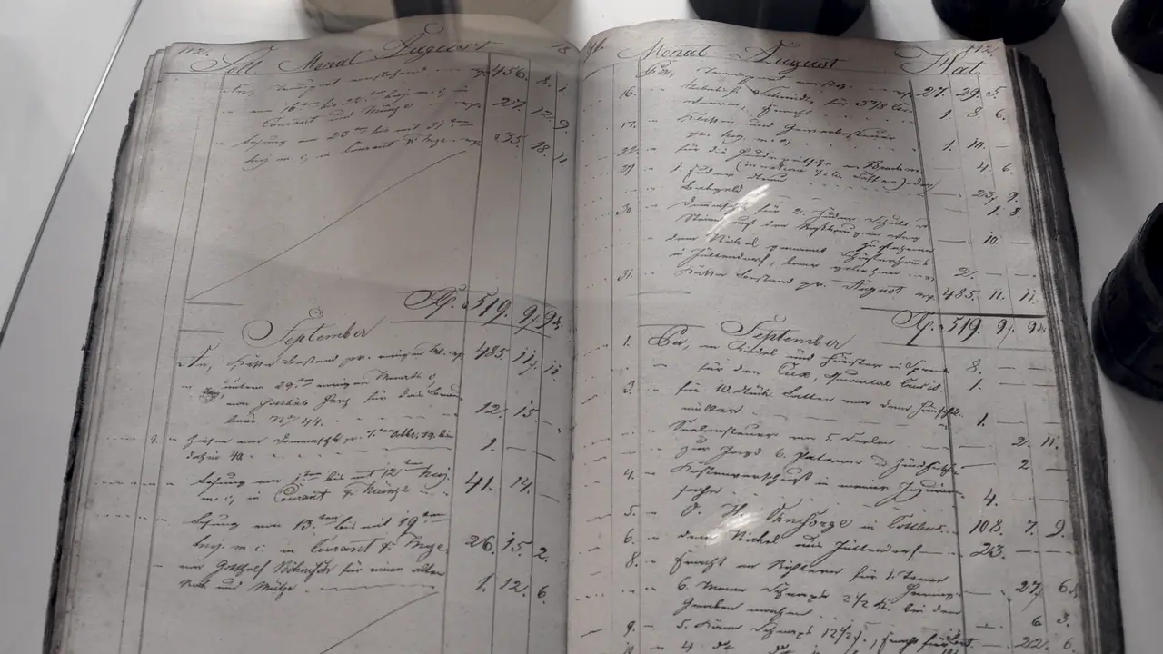 Livre de comptes ancien ouvert, avec ses deux pages d'écritures manuscrites et ses colonnes de montants tirées à la règle.