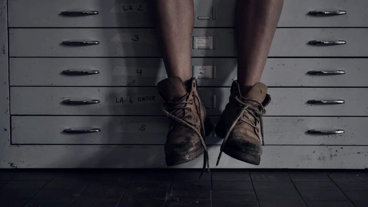 Jambes d'un travailleur assis sur un meuble à plans métallique, ses chaussures de chantier usées et mal lacées pendant devant les tiroirs numérotés.