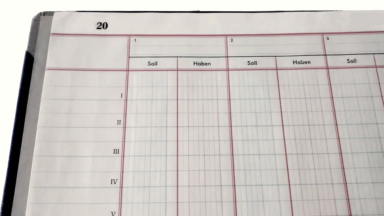 Page vierge d'un grand livre de comptabilité, avec ses colonnes Soll et Haben, débit et crédit en allemand, et ses lignes numérotées en chiffres romains.