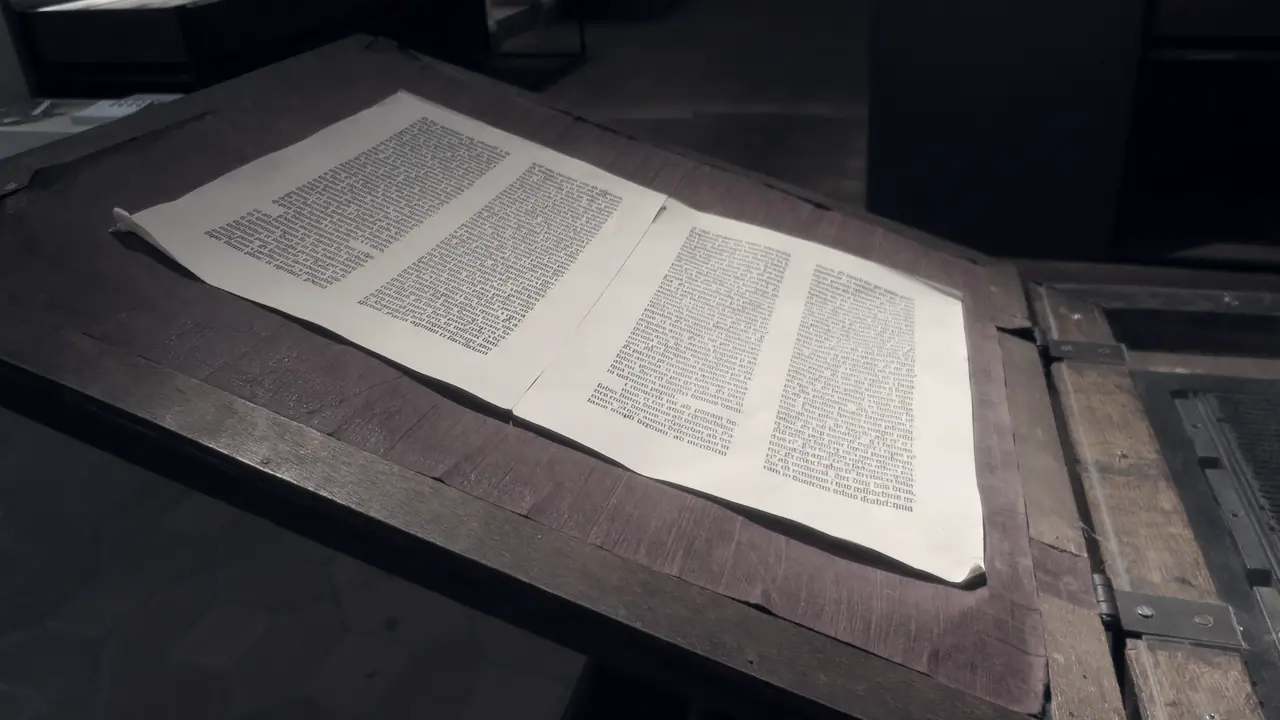 Grande feuille imprimée de quatre colonnes de texte, posée à plat sur le tympan d'une presse à bras en bois, à côté du châssis de la composition.