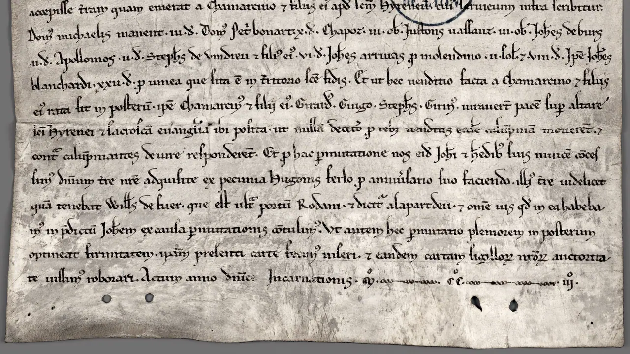 Charte médiévale sur parchemin couverte de lignes d'écriture latine serrée et abrégée, avec quatre petits trous percés sous la dernière ligne.