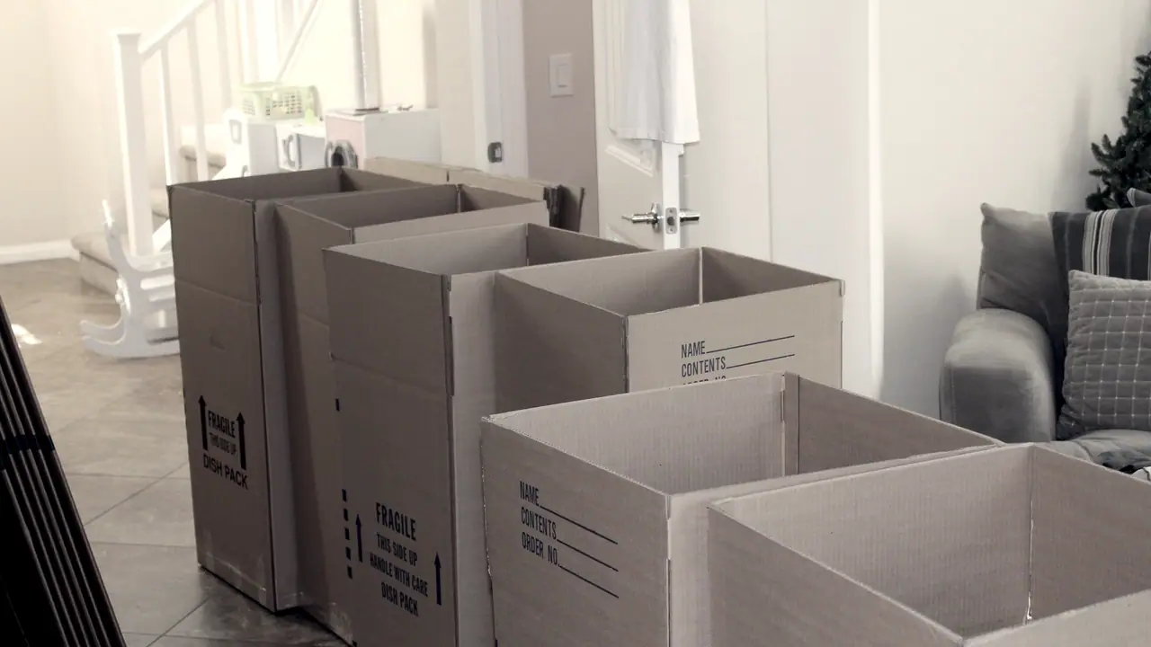 Cartons de déménagement ouverts et alignés dans un salon, avec des inscriptions imprimées sur leurs flancs, près d'un canapé.