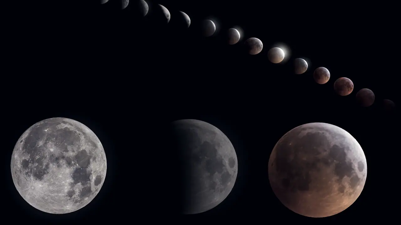 Phases d'une éclipse de Lune sur fond noir : une file de lunes qui s'assombrissent, puis la pleine lune, la lune entamée et la lune totalement éclipsée.