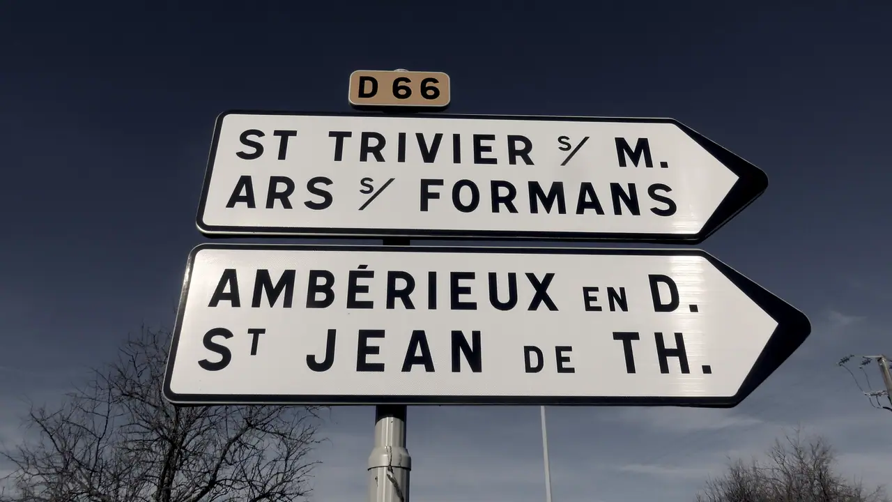 Deux panneaux directionnels superposés sur un mât, devant un ciel sombre, avec des branches nues au second plan