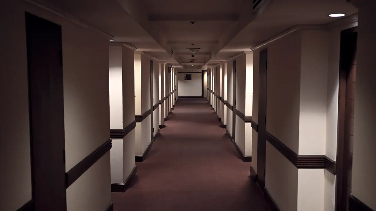 Long couloir d'hôtel désert, au tapis sombre, bordé de portes de chambres identiques qui se répètent jusqu'au mur du fond.