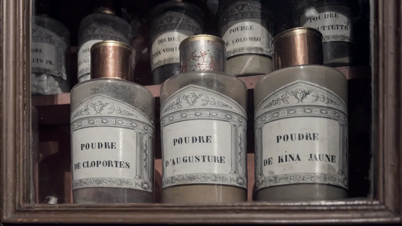 Flacons de pharmacie anciens alignés dans une armoire de bois, chacun portant une étiquette qui nomme la poudre qu'il contient.
