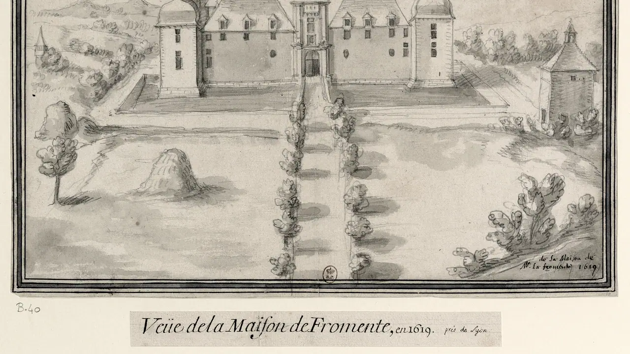 Dessin de 1619 : une allée plantée traverse des prés jusqu'à une grande maison à tourelles, près d'un colombier, au-dessus d'une légende manuscrite qui la situe près de Lyon.