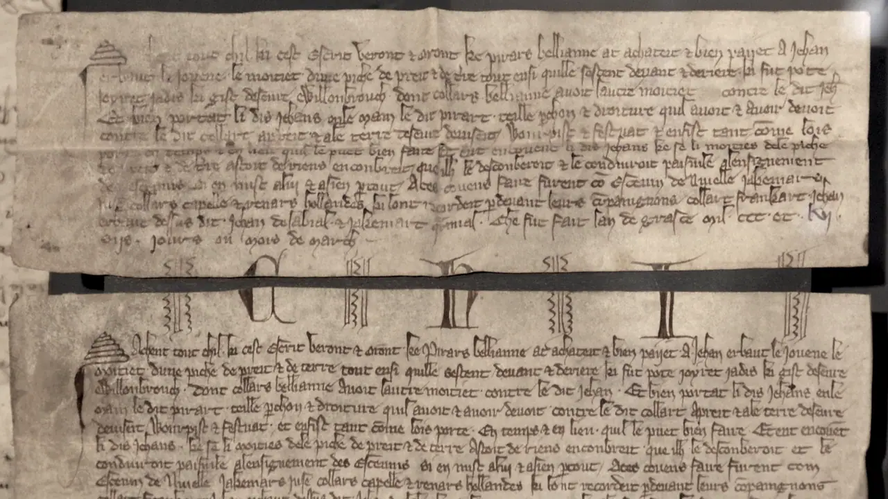 Deux moitiés d'un même acte médiéval, écrit deux fois sur un parchemin puis découpé à travers de grandes lettres : chaque partie en gardait une.