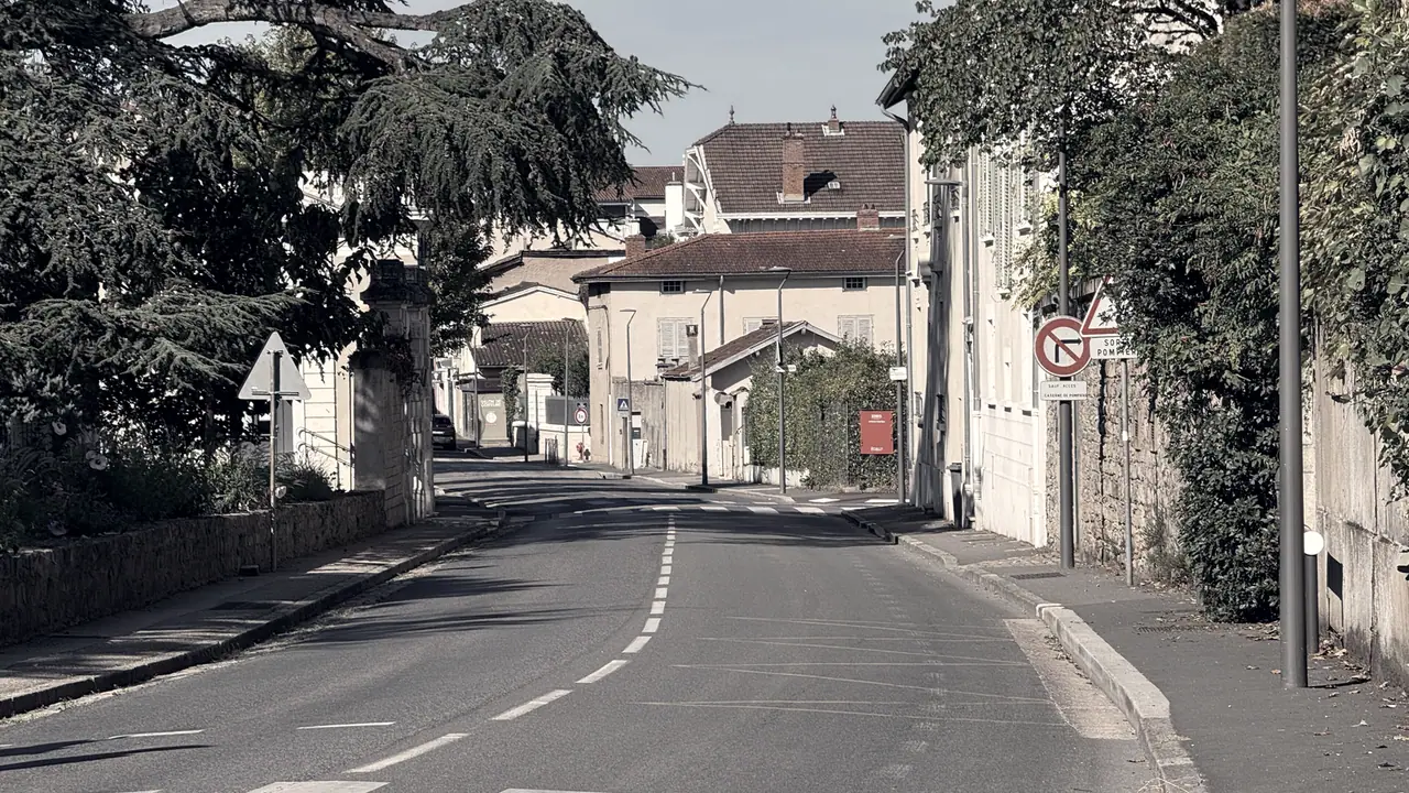 Avenue en pente douce qui s'enfonce entre des maisons anciennes aux toits de tuiles et des jardins arborés, avec un passage piéton au premier plan.