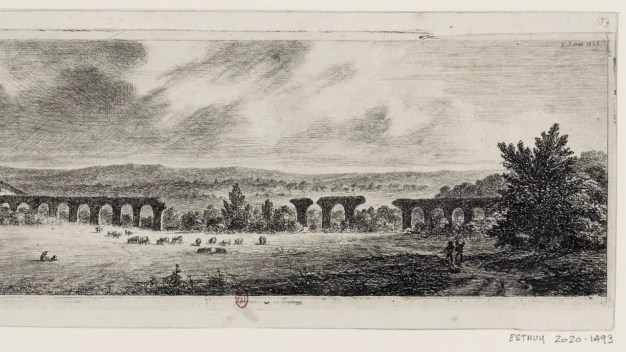 Gravure de 1835 : les arches en ruine d'un aqueduc romain traversent un vallon où paît un troupeau, avec des collines au loin et un arbre touffu à droite.
