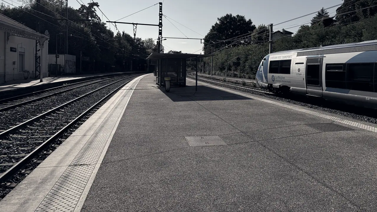 Quai d'une petite gare de banlieue sous les caténaires, avec un abri au milieu et un train régional arrêté le long des arbres.