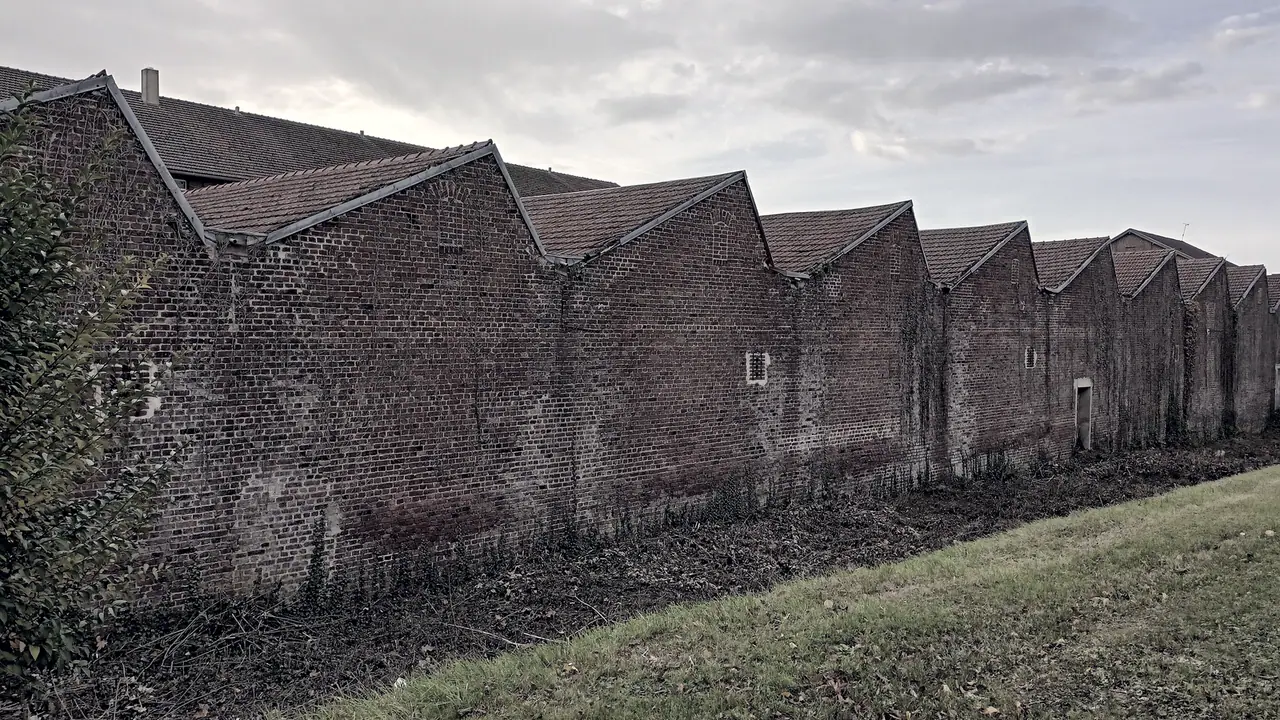 Longue usine textile en brique dont les toits en sheds se succèdent comme les dents d'une scie, le long d'un talus d'herbe et sous un ciel nuageux.