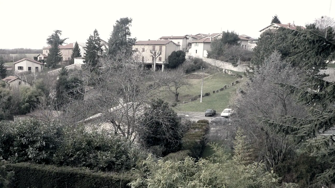 Bourg de l'Ouest lyonnais vu depuis un jardin en surplomb : maisons aux toits de tuiles parmi les arbres, pré en pente et haies au premier plan.
