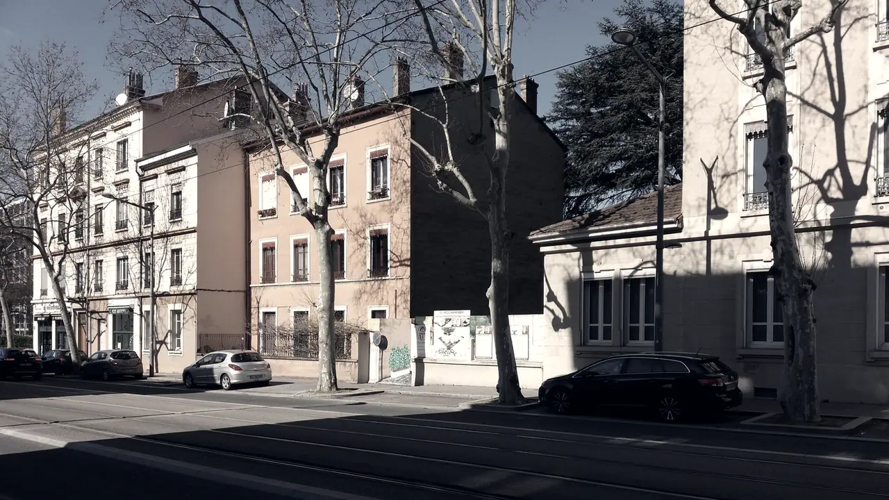 Alignement d'immeubles de hauteurs inégales le long d'un boulevard, avec des platanes dénudés et des rails de tramway au premier plan.