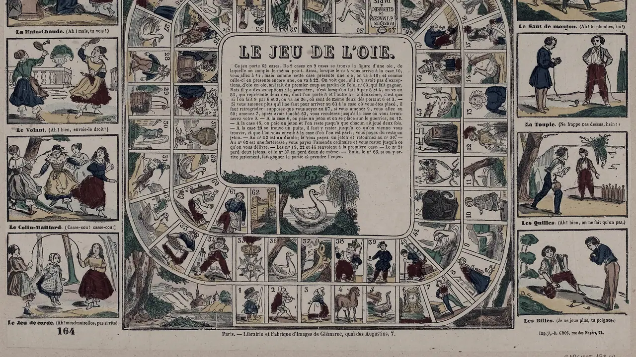Planche ancienne d'un jeu de l'oie gravé sur bois : un parcours de cases numérotées s'enroule autour de la règle du jeu, entre des scènes de jeux d'enfants.