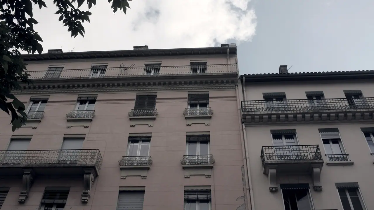 Façades de deux immeubles anciens vues en contre-plongée, avec balcons en fer forgé et branches d'arbre au premier plan.