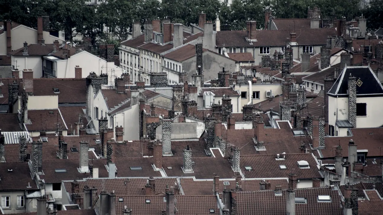 Toits de tuiles d'un quartier ancien de Lyon, hérissés de cheminées de brique et de pierre, avec une rangée d'arbres au fond.