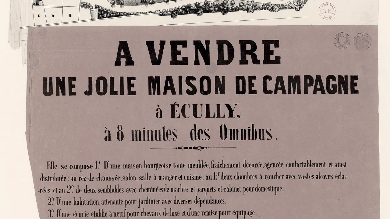 Affiche ancienne qui annonce « À vendre une jolie maison de campagne à Écully, à 8 minutes des Omnibus », au-dessus de la description des pièces du logis.