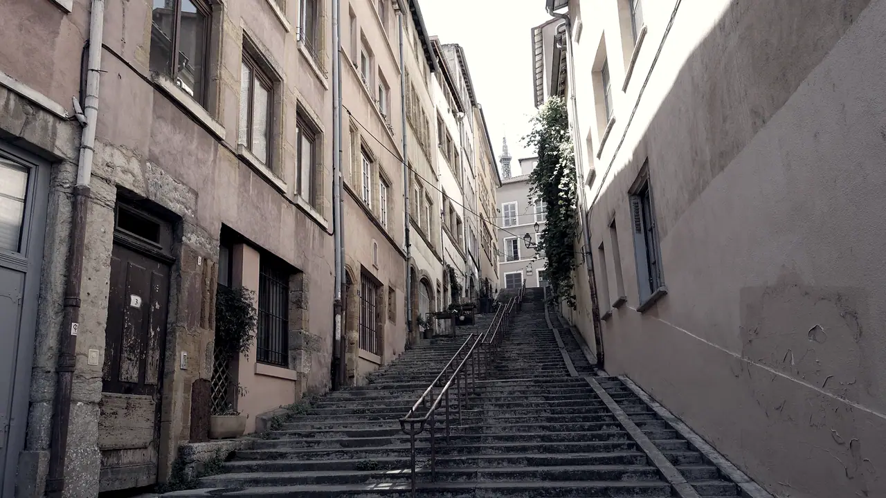Montée du Garillan à Lyon : un long escalier de pierre à rampe centrale grimpe entre des façades anciennes vers la colline de Fourvière.