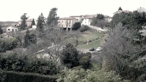 Bourg de l'Ouest lyonnais vu depuis un jardin en surplomb : maisons aux toits de tuiles parmi les arbres, pré en pente et haies au premier plan.