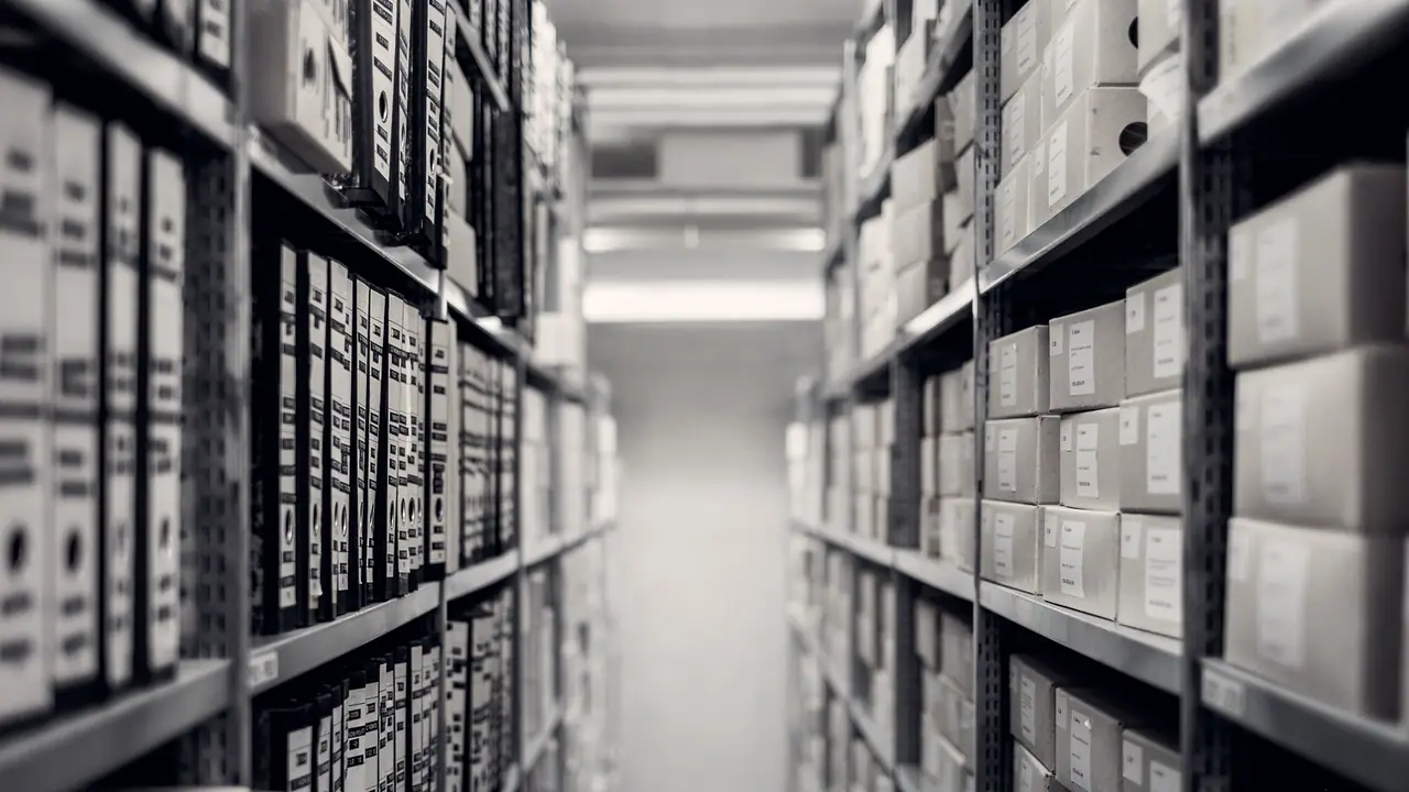 Allée entre deux rayonnages d'archives où s'alignent des centaines de boîtes de rangement étiquetées.