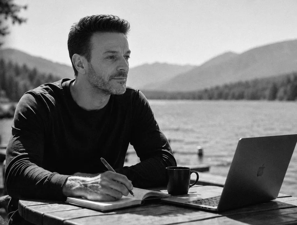 Sandy Mascart, assis à une table de bois en plein air, écrit au stylo sur un carnet ouvert. Devant lui, un ordinateur portable et une tasse ; derrière lui, un lac de montagne bordé de forêts. Il regarde au loin, hors du cadre. Tirage en noir et blanc.